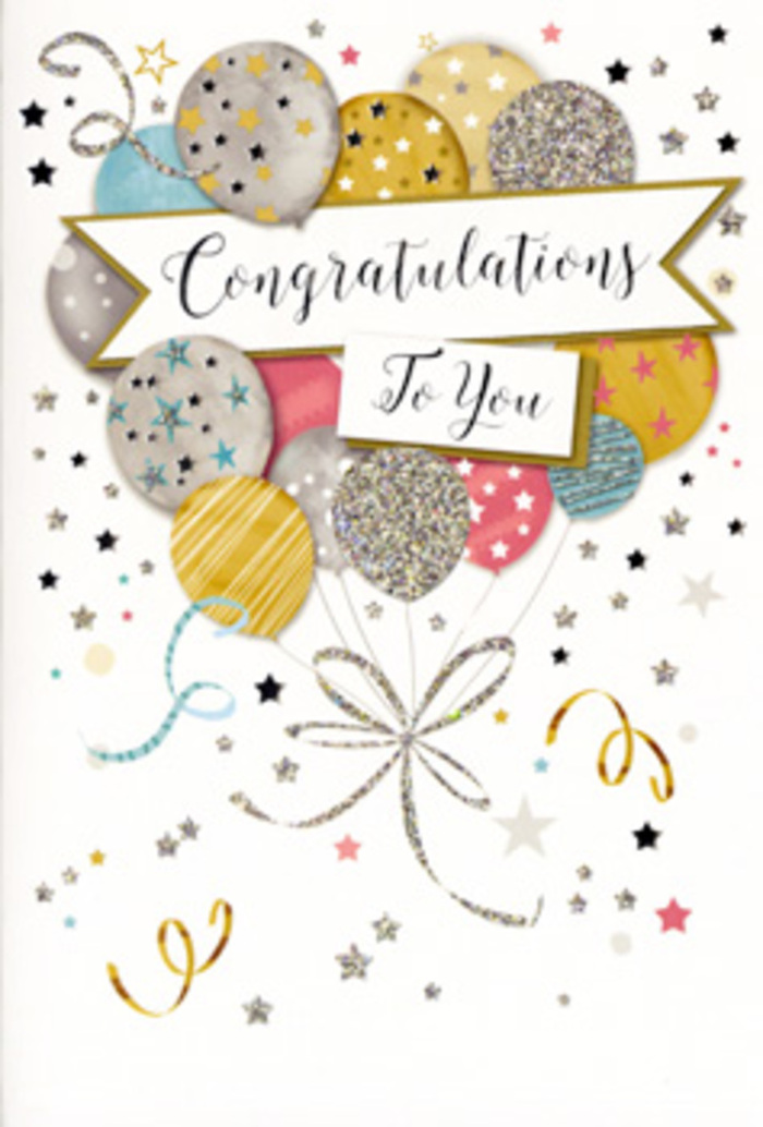 The card shown in the image presents a polished congratulations design that echoes the easy sophistication of gatherings around Blackfriars and the Embankment. Dominating the front is a generous spray of balloons, illustrated with gentle shading so they seem rounded and slightly reflective, as though they might sway if a breeze drifted through a riverside apartment. The colour story is restrained yet celebratory: soft champagne, muted gold, light silver, powder blue, warm blush pink, and gentle grey. Each balloon's surface bears subtle decoration-tiny star clusters, glimmering confetti dots, or tidy linear patterns-that suggest a delicate shimmer without overpowering the composition. At the bottom of this balloon bouquet, thin ribbons stream downward, rendered in shimmering gold and silver tones, looping and curling naturally. These lines guide the eye through the design much like the stems in a well-structured floral arrangement. The background remains mostly white or very light, softly speckled with miniature metallic stars, dots, and spiralling accents that recall confetti floating in the air after a heartfelt toast in a Blackfriars bar. Across the centre of the card, a curved banner stretches horizontally, as if being lifted gently by the balloons above. On this banner, the text Congratulations To You is written in flowing calligraphy, the script graceful yet easy to read, communicating warm admiration. The scene feels calm but unmistakably festive, ideal for marking achievements that deserve recognition-whether a new role in the City, a graduation, or a personal milestone. The design captures the same feeling that a florist aims for when pairing a card with a bouquet: composed, sincere, and filled with quiet joy that fits beautifully into the rhythm of life around Blackfriars.