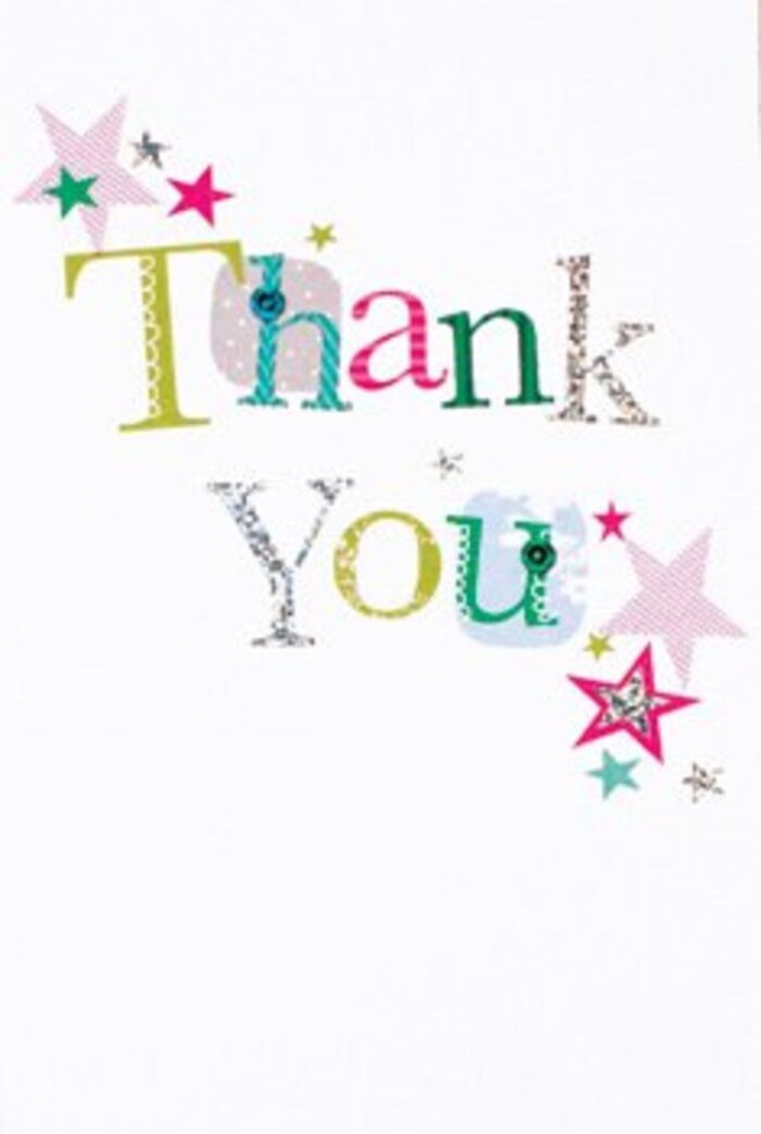 This thank you card's arrangement is both graceful and exuberant, echoing the understated sophistication found throughout Blackfriars' historic streets. The lettering, spelling out 'Thank You', rises confidently in a modern script-each character gaining personality through pattern: some whimsical and bright with dots and curving lines, others shimmering quietly in silver or adorned with subtle embroidery. Stars, awash in turquoise, radiant pink, and metallic sheen, cluster around the message, adding a gentle, animated flair reminiscent of the lights along the Blackfriars embankment as dusk sets in. With ample white space, the composition feels airy and contemporary; nothing is crowded, every detail given room to breathe. This visual restraint allows the sincere sentiment and cheerful artistry to take center stage. It's easy to imagine this card nestled beside a mixed bouquet from Blackfriars Flowers, destined for an office in the city's financial district or a riverside flat. Its combination of tactile detail and universal warmth makes it the perfect companion for any floral gift seeking to say thank you in style.