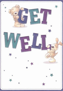 This charming get well card conjures up a sense of comfort and hope in true Blackfriars fashion. The scene features a cuddly teddy perched atop the bold word 'GET', smiling gently at a lively puppy playfully nudging the 'WELL' below. The characters' soft, rounded forms and expressive eyes communicate warmth and encouragement, subtly echoing the neighbourly care exchanged each day in busy Blackfriars. The letters themselves shimmer in deep purples and soothing teals, standing out against a crisp, clean white background that suggests both clarity and healing. Twinkling stars in vivid blues and violets scatter good wishes across the page, capturing the everyday magic of community-a sentiment familiar to those who walk the riverside or pop into Blackfriars Flowers for a pick-me-up bouquet. There's a meticulous artistry here, each detail as intentional as stems placed just so in an arrangement designed to cheer a loved one. For anyone on the mend, this card and the sentiments it carries provide an uplifting balm rooted in local connection and care.
