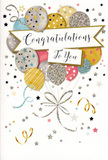 This illustration shows a congratulations card whose design feels like a delicate celebration unfolding just a short walk from Blackfriars Station. At the centre, a rounded cluster of balloons appears to float upward, the shapes overlapping in an artful arrangement reminiscent of a hand-tied bouquet. The balloons are coloured in tasteful tones of champagne, gold, silver, sky blue, rosy pink, and soft grey, each decorated with fine details-minute stars, scattered dots, or slim vertical patterns-that create the impression of a gentle, sparkling surface. They look softly illuminated, as if catching ambient light from office windows or apartment lamps near the Thames. From their bases, sleek, metallic ribbons cascade downward in graceful, curling lines of gold and silver, tying the entire composition together and adding a hint of movement, like streamers unfurling at a small celebration. The background is light and open, with tiny metallic stars, swirling flourishes, and specks of confetti seeming to drift around the balloons, echoing the atmosphere of a congratulatory toast or intimate dinner in the Blackfriars area. Across the middle of the balloon bouquet stretches a gently arched banner, its edges tucked behind some balloons and in front of others, giving a sense of depth. On this banner, the message Congratulations To You appears in elegant, flowing script, its curves conveying warmth and sincerity. The overall feeling is refined yet joyful, perfect for pairing with a fresh flower delivery to mark promotions, exam successes, or personal victories. Although crafted in paper and ink, the card evokes the same thoughtful care and celebratory spirit that a florist near Blackfriars would bring to a custom-made arrangement for someone's proudest moments.