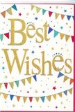 The image shows a joyful Best Wishes card, its design perfectly suited to accompany a bouquet delivered to an office or apartment near Blackfriars. At the centre, the words Best Wishes are written in rich golden script, the letters curling in graceful strokes that suggest care and celebration. The gold appears lightly raised and shimmering, like a fine layer of glitter or foil that catches and reflects the light. This radiant script sits against a spotlessly white background, giving the design a fresh and contemporary feel.

Arcing above and below the golden message are decorative strings of bunting, painted as if they're gently draped across the card. Each tiny triangular flag is filled with vibrant colour-royal blue, bright red, fresh green, mustard yellow, and hints of purple and coral. Some flags are solid, while others showcase playful details such as stripes, polka dots, or tessellated patterns, adding texture and interest without detracting from the central wording. The arcs of bunting feel lively, reminiscent of flags fluttering in a courtyard near Blackfriars Bridge during a festive event.

Dotting the untouched white areas are miniature stars and confetti circles, scattered loosely as though just thrown into the air at the moment good news was announced. They appear in tones of shimmering gold, teal, orange, and gentle pastels, giving the impression of light, joyous movement frozen in time. The overall mood is celebratory yet refined, suitable for many happy occasions: a promotion in a nearby city firm, success in exams, a move to a new home, or the start of an exciting project. The card's design radiates goodwill and encouragement, offering a simple, heartfelt way to say I'm proud of you or Good luck, especially when paired with fresh, fragrant flowers from Blackfriars Flowers.